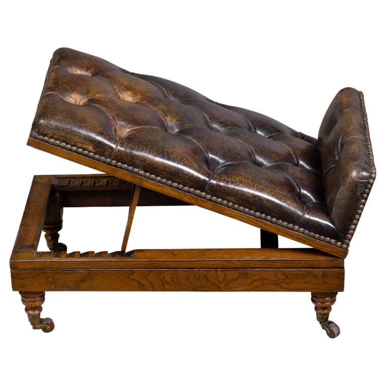 English 19th Century Adjustable Tufted Leather Gout Stool on Casters