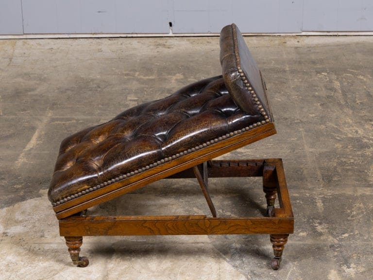 English 19th Century Adjustable Tufted Leather Gout Stool on Casters - Image 15