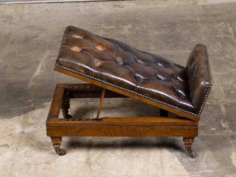 English 19th Century Adjustable Tufted Leather Gout Stool on Casters - Image 13