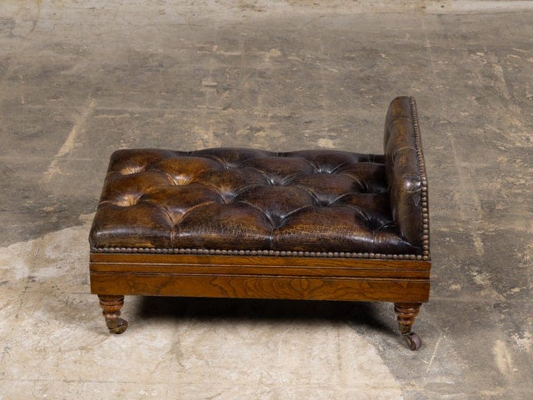 English 19th Century Adjustable Tufted Leather Gout Stool on Casters - Image 11