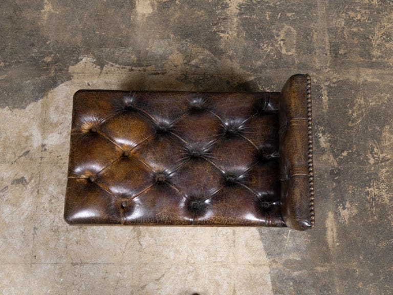 English 19th Century Adjustable Tufted Leather Gout Stool on Casters - Image 9