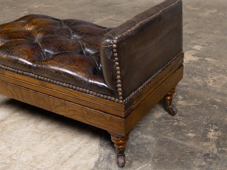English 19th Century Adjustable Tufted Leather Gout Stool on Casters - Image 8