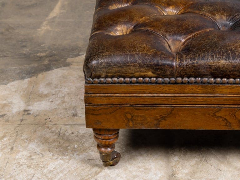 English 19th Century Adjustable Tufted Leather Gout Stool on Casters - Image 7
