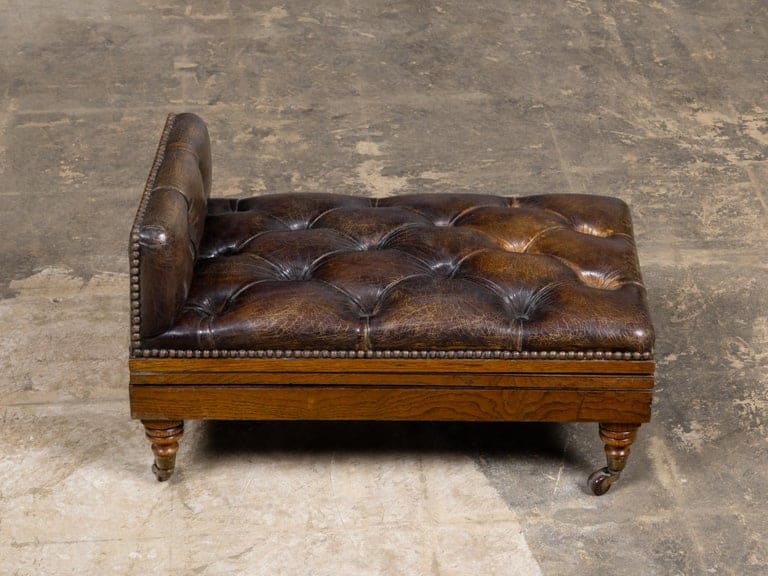English 19th Century Adjustable Tufted Leather Gout Stool on Casters - Image 3