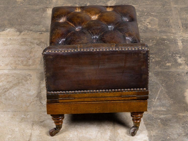 English 19th Century Adjustable Tufted Leather Gout Stool on Casters - Image 2