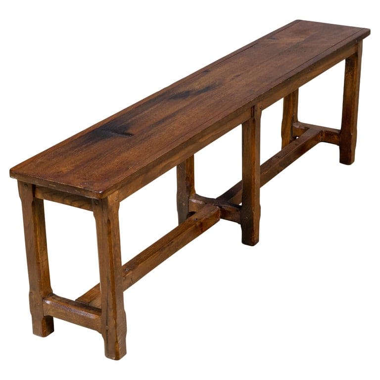 19th Century English Oak Bench with Plank Top and Stretcher Base