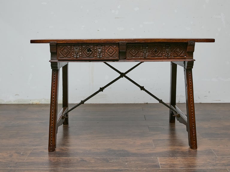 Late 18th Century Spanish Walnut Table with Carved Drawer Fronts, Iron Stretcher - Image 13