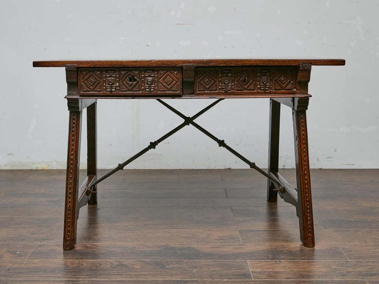 Late 18th Century Spanish Walnut Table with Carved Drawer Fronts, Iron Stretcher - Image 12