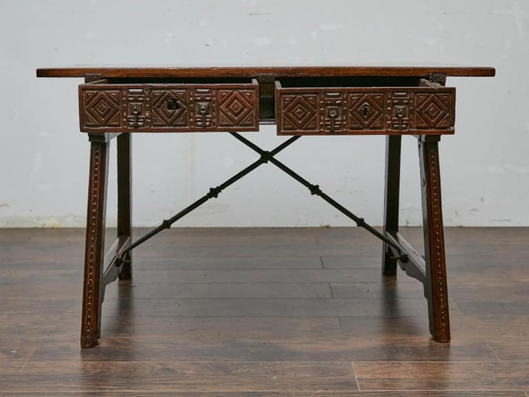 Late 18th Century Spanish Walnut Table with Carved Drawer Fronts, Iron Stretcher - Image 11