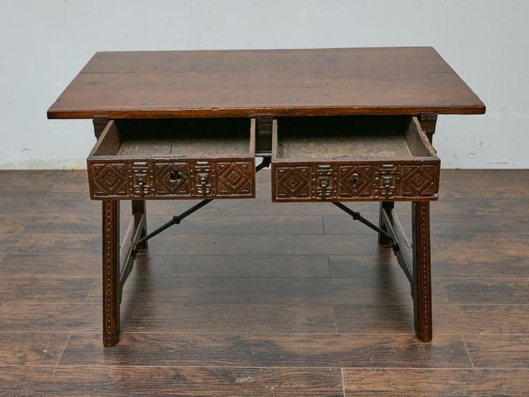 Late 18th Century Spanish Walnut Table with Carved Drawer Fronts, Iron Stretcher - Image 10