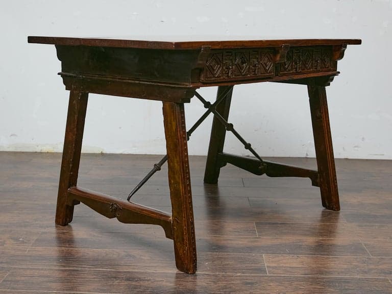 Late 18th Century Spanish Walnut Table with Carved Drawer Fronts, Iron Stretcher - Image 9
