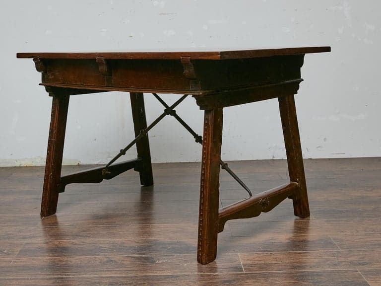 Late 18th Century Spanish Walnut Table with Carved Drawer Fronts, Iron Stretcher - Image 7