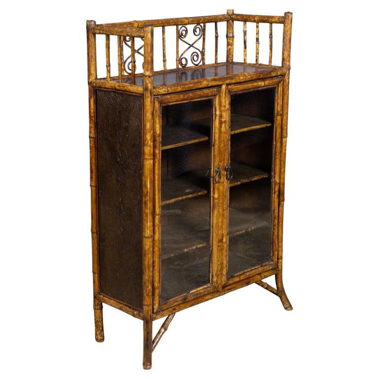 English Faux Bamboo Japanned Cabinet with Leather Shelves, 19th Century
