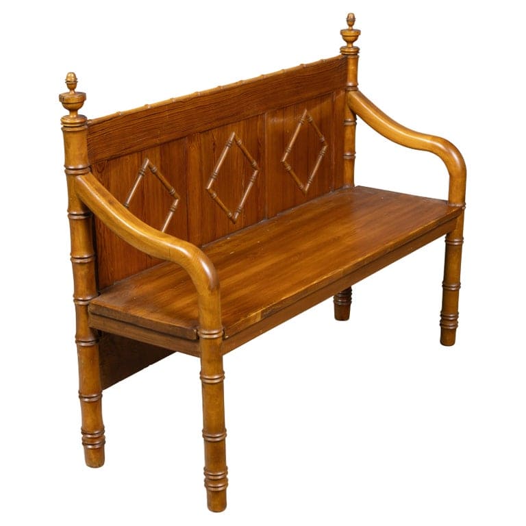 English Pine Faux Bamboo Bench with Panelled Back, Diamond Motifs - 19th Century