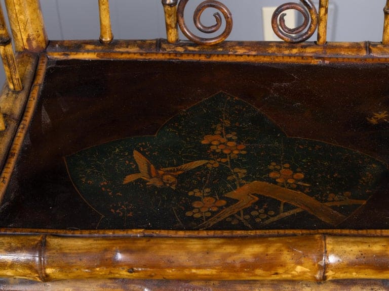 English Faux Bamboo Japanned Cabinet with Leather Shelves, 19th Century - Image 13