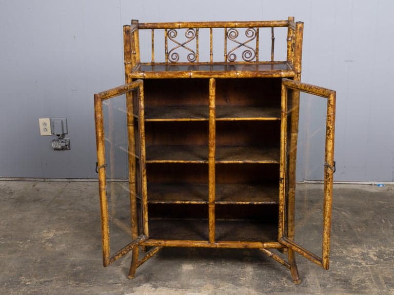 English Faux Bamboo Japanned Cabinet with Leather Shelves, 19th Century - Image 7