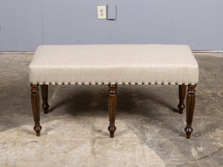 English 19th Century Walnut Upholstered Bench with Turned Legs - Image 11