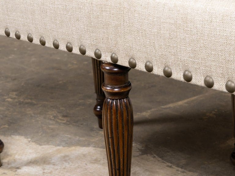English 19th Century Walnut Upholstered Bench with Turned Legs - Image 5