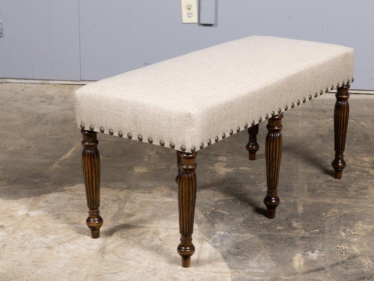 English 19th Century Walnut Upholstered Bench with Turned Legs - Image 10