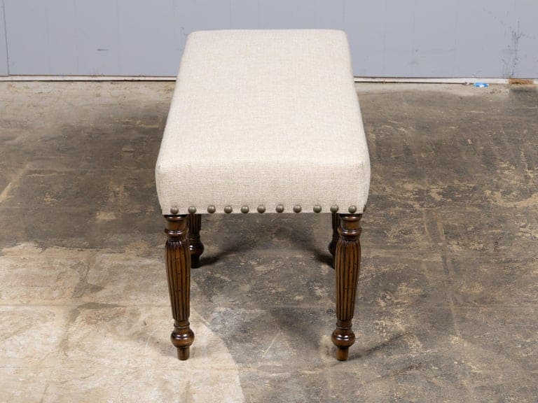 English 19th Century Walnut Upholstered Bench with Turned Legs - Image 4