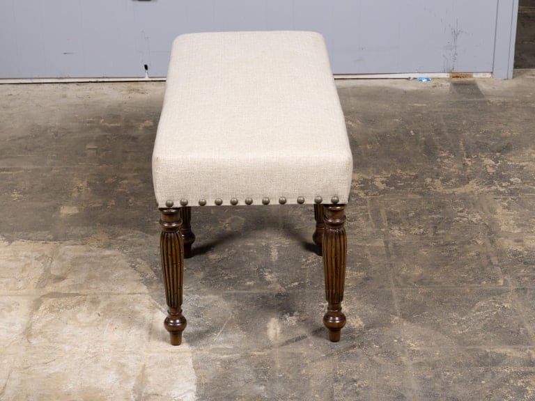English 19th Century Walnut Upholstered Bench with Turned Legs - Image 2
