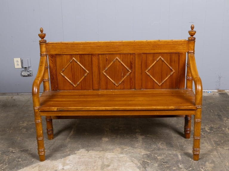 English Pine Faux Bamboo Bench with Panelled Back, Diamond Motifs - 19th Century - Image 2
