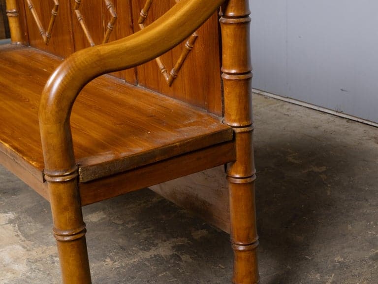 English Pine Faux Bamboo Bench with Panelled Back, Diamond Motifs - 19th Century - Image 7