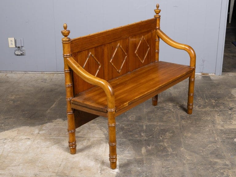 English Pine Faux Bamboo Bench with Panelled Back, Diamond Motifs - 19th Century - Image 6