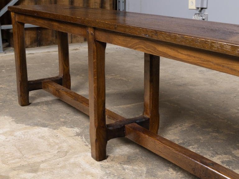 19th Century English Oak Bench with Plank Top and Stretcher Base - Image 8