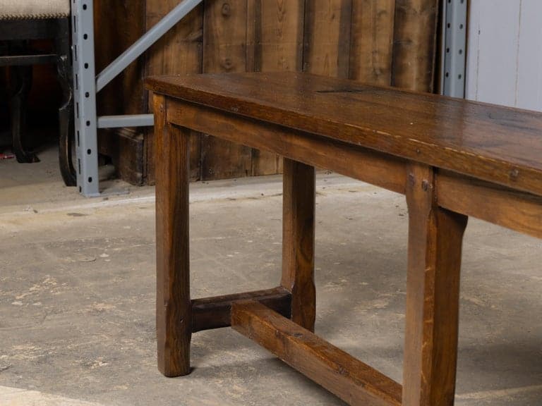 19th Century English Oak Bench with Plank Top and Stretcher Base - Image 7