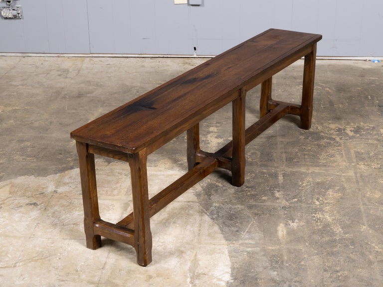 19th Century English Oak Bench with Plank Top and Stretcher Base - Image 5