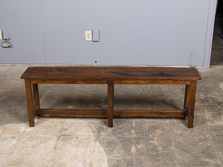 19th Century English Oak Bench with Plank Top and Stretcher Base - Image 3