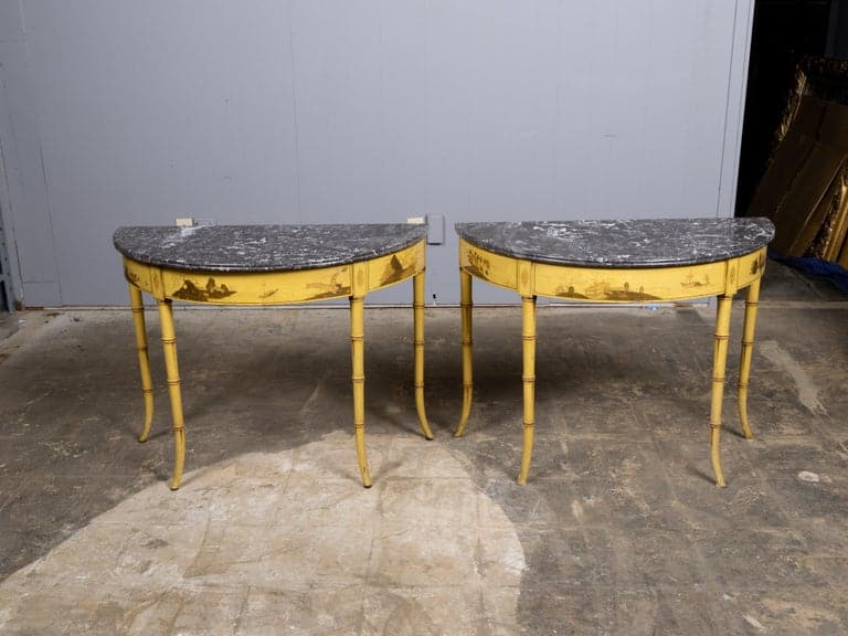 Pair of 19th Century English Chinoiserie Demi-Lune Tables with Grey Marble Tops - Image 17