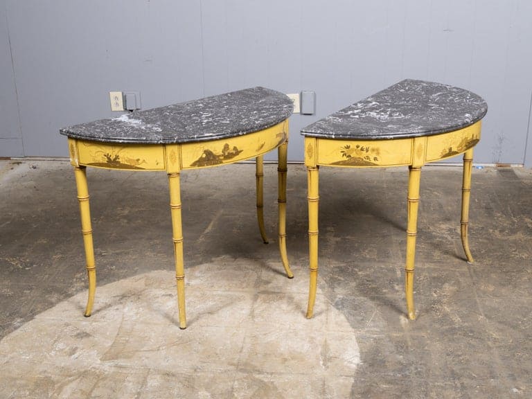 Pair of 19th Century English Chinoiserie Demi-Lune Tables with Grey Marble Tops - Image 6