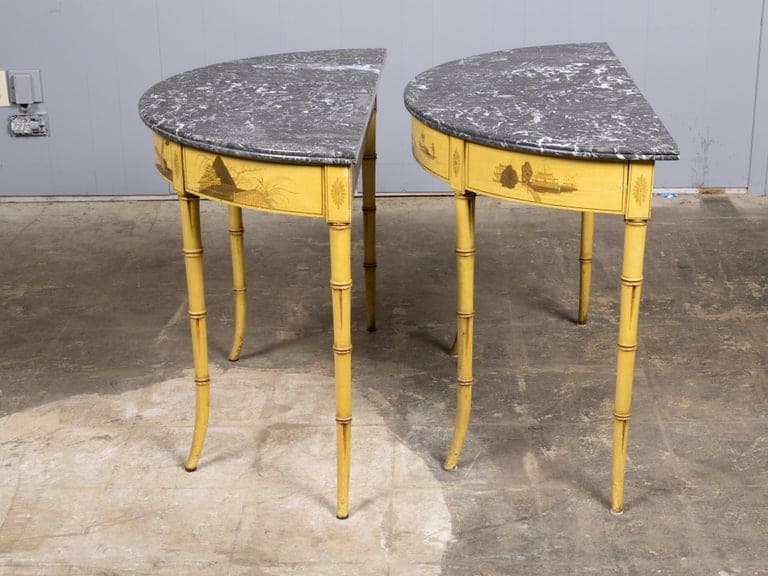 Pair of 19th Century English Chinoiserie Demi-Lune Tables with Grey Marble Tops - Image 3
