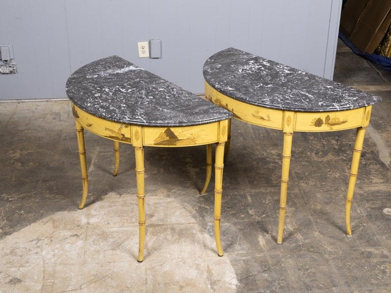 Pair of 19th Century English Chinoiserie Demi-Lune Tables with Grey Marble Tops - Image 2