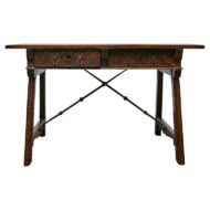 Late 18th Century Spanish Walnut Table with Carved Drawer Fronts, Iron Stretcher