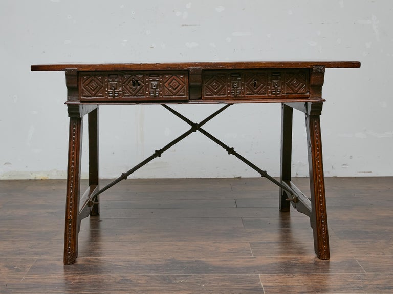 Late 18th Century Spanish Walnut Table with Carved Drawer Fronts, Iron Stretcher - Image 2