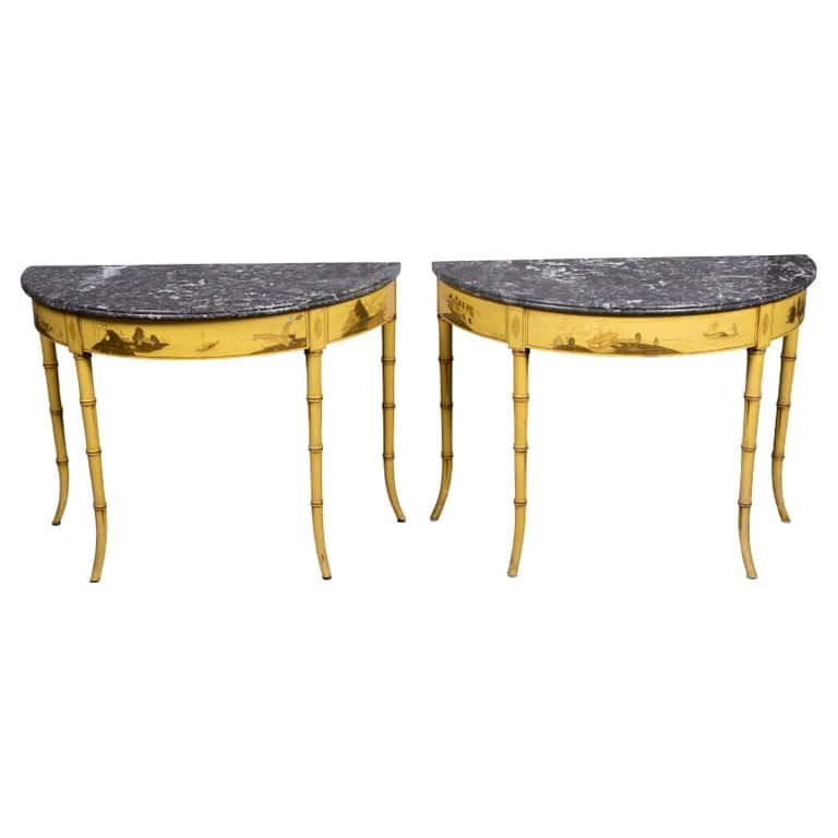 Pair of 19th Century English Chinoiserie Demi-Lune Tables with Grey Marble Tops