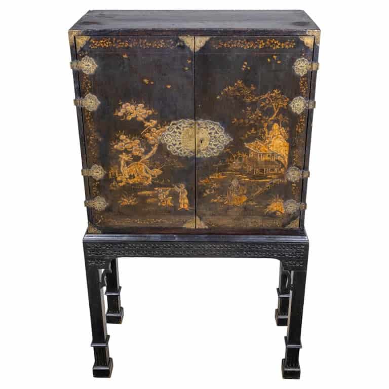 English 18th Century Chinoiserie Japanned Cabinet on 19th Century Stand