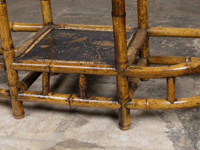 English Faux Bamboo Hall Stand with Mirror, Japanned Panels and Drawer, 1900s - Image 8