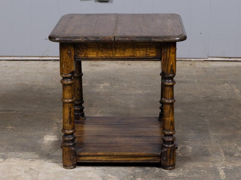 Mid-Century English Oak Occasional Table with Turned Legs and Lower Shelf - Image 2