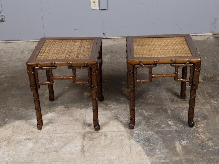 Pair of 19th Century Asian Faux Bamboo Side Tables with Rattan Tops - Image 5