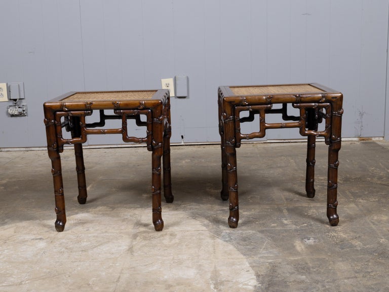 Pair of 19th Century Asian Faux Bamboo Side Tables with Rattan Tops - Image 4