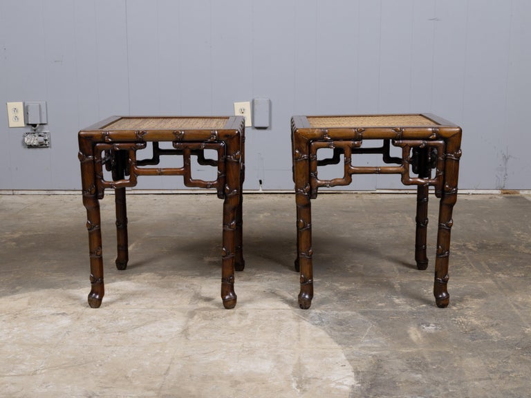 Pair of 19th Century Asian Faux Bamboo Side Tables with Rattan Tops - Image 3