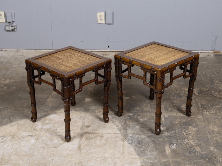 Pair of 19th Century Asian Faux Bamboo Side Tables with Rattan Tops - Image 2