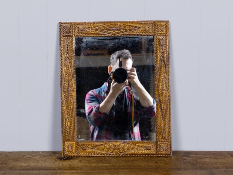 French Tramp Art Mirror with Deeply Carved Geometric Frame, circa 1900 - Image 10