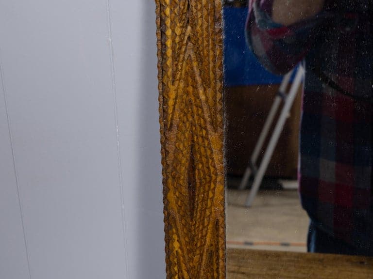 French Tramp Art Mirror with Deeply Carved Geometric Frame, circa 1900 - Image 5