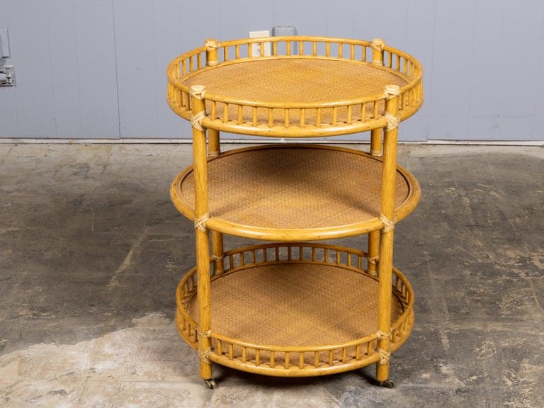Midcentury Three-Tier Rattan Bar Cart or Rolling Serving Table with Gallery Rail - Image 10