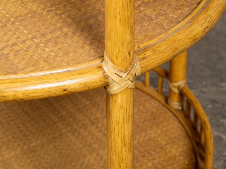 Midcentury Three-Tier Rattan Bar Cart or Rolling Serving Table with Gallery Rail - Image 7